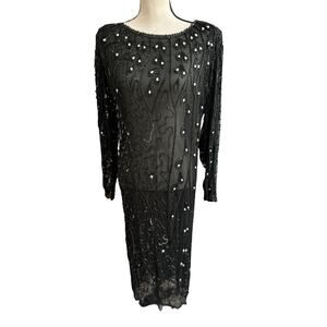 Vintage 80s Creative Creations Silk Beaded Sequin Gown Black Long Sleeve Size M